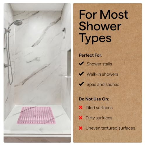 Image of GORILLA GRIP Patented Square Shower Stall Mat, Small Bathtub Floor Mats for Stand Up Showers, Suction Cups and Drainage Holes, Machine Wash, Soft on Feet, Bathroom Accessories 21x21 Inch, Light Pink