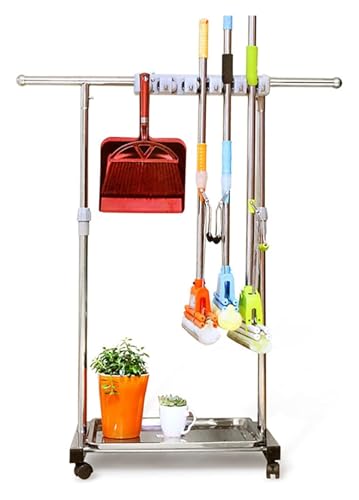 asdchZen Broom Mop Holder Movable Mop Broom Holder Put Wet Mops Floor Standing Cleaning Tool Rack Stainless For Schools, Factories, Hotels, Restaurant, Etc