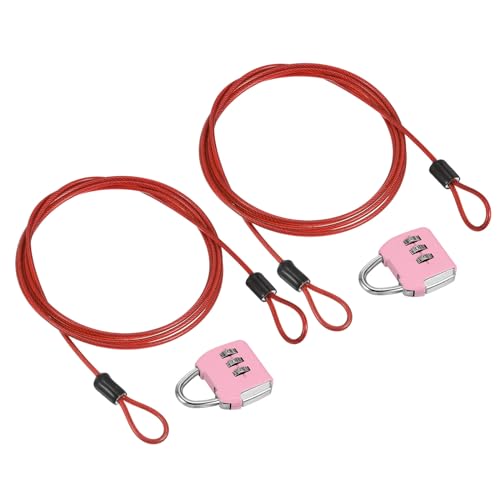 Image of PATIKIL Security Steel Cable with 3 Digit Combination Lock, 2 Set Travel Padlock 4.9Ft Coated Safety Wire Rope Double Loop for Luggage Suitcase, Pink