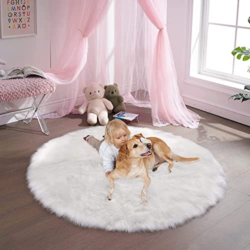 YOJOGEE Teppich Rund, Bettvorleger Weiß Rund 120 Flauschiger Kunstfell Teppiche Plüsch Runder Groß Waschbarer Fellteppich Cover