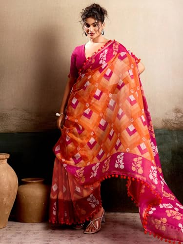 Image of AKHILAM Women's Cotton Printed Saree With Unstitched Blouse Piece