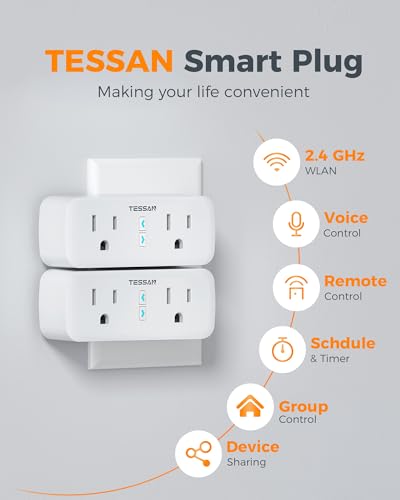 TESSAN 2 Pack Smart Plug, WiFi Smart Outlet avec double sockets, compatible avec Alexa et Google Home, télécommande avec fonction minuterie, commande vocale, protection contre les surpressions, 2.4GHz WiFi Seulement