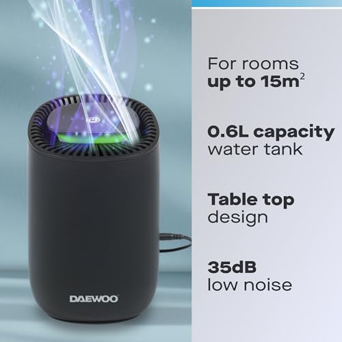 Daewoo 600ml Compact Dehumidifier – Quiet Low Energy Air Moisture Remover for Small Rooms, Wardrobes, Bathrooms & Bedrooms, Auto Shut-Off, Easy Clean Tank