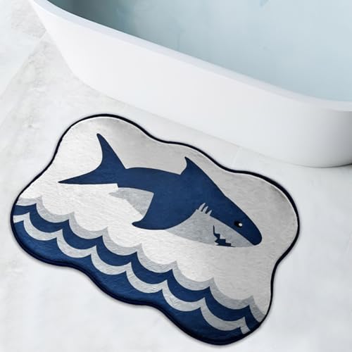 Milnnie Luxury Shark Bathroom Rugs, Cute Blue Bath Mat with Navy Blue Wave Design, Extra Soft Microfiber Non-Slip Mat for Tub & Shower,Trendy Aesthetic Fun Preppy Decor