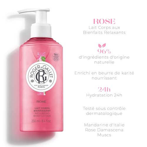 Roger&Gallet - Lait Corps Bienfaisant Rose 250ml - Lait Corps Hydratant Parfumé - Beurre de Karité - 96% d'ingrédients d'origine naturelle (Lot de 2)