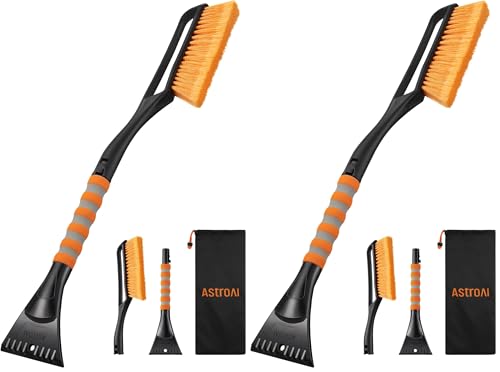 Image of AstroAI 27 inch Snow Brush and Ice Scrapers for Car Windshield, Detachable Snow Scrapers with Ergonomic Foam Grip for Cars, Trucks, SUVs (Heavy Duty ABS, PVC Brush, Orange) (Pack of 2)