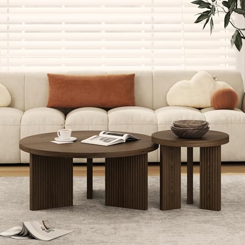 N NOORDENIYA Nesting Coffee Table Set of 2, Modern Wooden Coffee Table with Smooth Thick Design, Circle Tea Table and End Table Set, Accent Center Tables for Living Room, Office, Brown