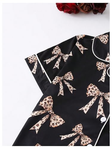 Image of Verdusa Women's 2 Piece Floral Bow Pajama Set Short Sleeve Button Down Shirt and Shorts Set