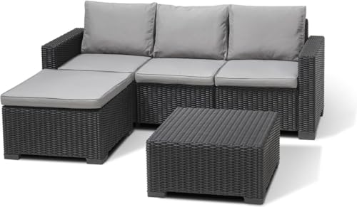Salon de jardin en résine imitation rotin tressé - Gris graphite - Avec pouf et table basse -...
