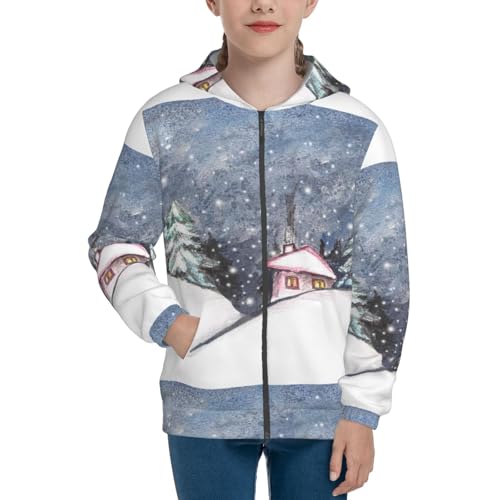 Watercolor Winter Landscape For Christmas Kid Hoodies Boys Zip Up Sweatshirts Girls Pullover with Pocket3