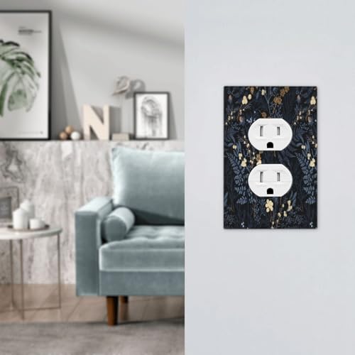 Decorative Outlet Covers Rustic Navy Dark Blue Leaves Golden Floral 1 Gang Duplex Light Switch Cover Plate Unique Wall Plate Electrical Switch Plate Covers for Bedroom Home Decor