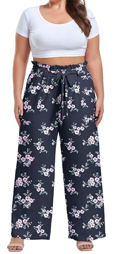 Image of OLRIK Women's Plus Size Pants Adjustable High Waisted Wide Leg Palazzo Pants Casual Trousers with Pockets Spring Clothes