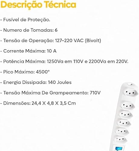 Extensão Elétrica 6 Tomadas 3 Metros, Bivolt (110/220), Filtro de Linha com Fusível, Interruptor Lig