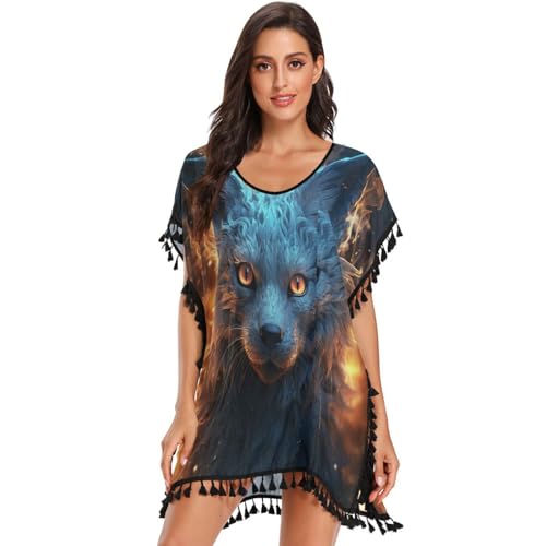 Cool Fire Animal Fox Women's Beach Cover Up Chiffon Tassel Swimwear Swimsuit Coverups for Girl