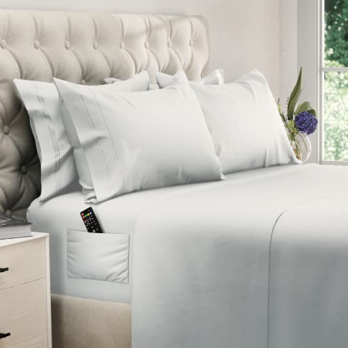 Image of DREAMCARE Full Size Bed Sheet Set - Cooling, Extra Deep Pocket, 6pcs Set - Soft & Long Lasting 100% Fine Brushed Polyester - White, Includes Side Pocket | up to 21 inch Deep Pocket Full Sheet Set with Side Pockets - Extra Soft Full Size Bed Sheets - Hotel Luxury Bed Sheets - White
