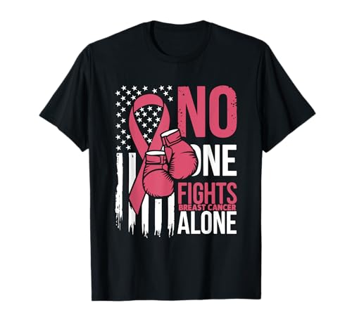 No One Fights Breast Cancer Alone Gants de boxe Drapeau des États-Unis T-Shirt