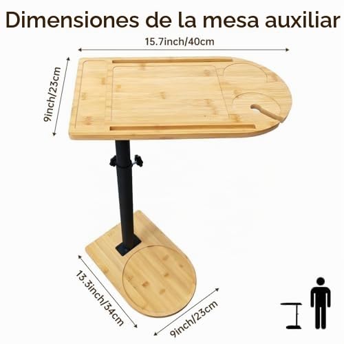 Mesa Auxiliar Forma C Bambú Metal Moderna Altura Ajustable, Side Table, Mesa Auxiliar de Cama, Mesa de Sofá, Mesilla de Noche, Mesa de Cuidado, para Salón Dormitorio Baño, Estilo C