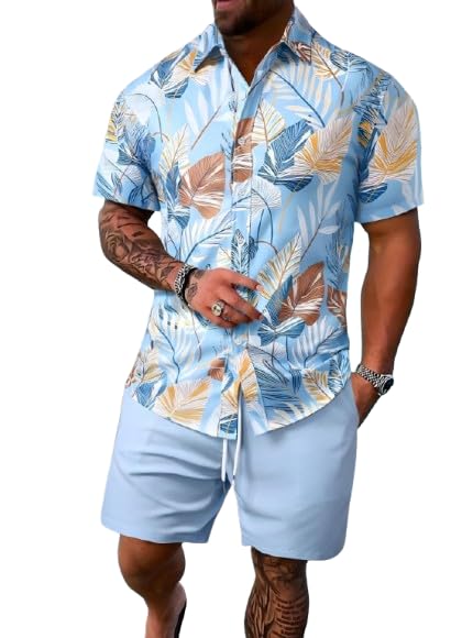 Men’s Printed Co-Ord Set | Plus Size Casual Shirt & Shorts Set | Nightwear Pajama Suit, Loungewear, Beachwear & Vacation Outfit Design No ME_NS Sky 03 Light Blue-image-43