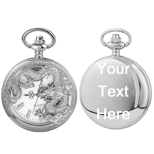 Image of Dragon Design Quartz Pocket Watch Roman Numerals with Chain Birthdays Gifts for Father's Days