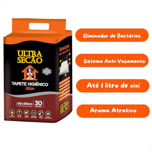 Kit 2 Pacotes de 30 Unidades Tapete Higiênico Ultra Secão Slim, 60x60cm, Carvão Ativado.