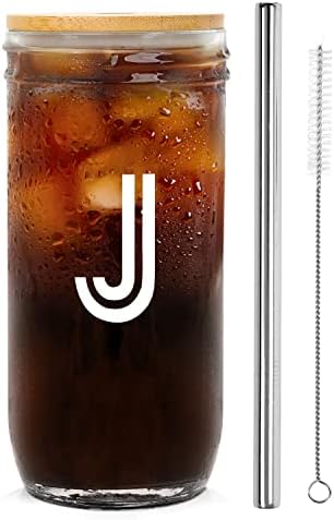 Mason Jar with Lid and Straw, Letter Cup, Personalized Mason Drinking Jar, 24oz Wide Mouth Mason Jar Drinking Glasses with Bamboo Lid and stainless steel Straw, Reusable Boba Cup Iced Coffee Cup