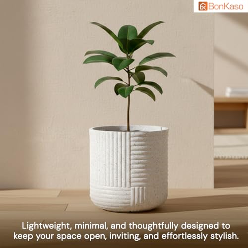 Image of Bonkaso 15 Inch Ribbed Planter Pot for Indoor & Outdoor Use | Round Heavy Duty Polymer Flower Pot | Lightweight Weather Resistant Modern Gamla for Living Room Balcony & Terrace (White)