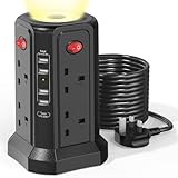 Extension Lead with USB Slots and 20W USB C Fast Charger, (13A 3250W) 5 USB Ports and 8 Way Extension Tower, Surge Protected Extension Lead with Night Light, 5M Extension Cable for Home