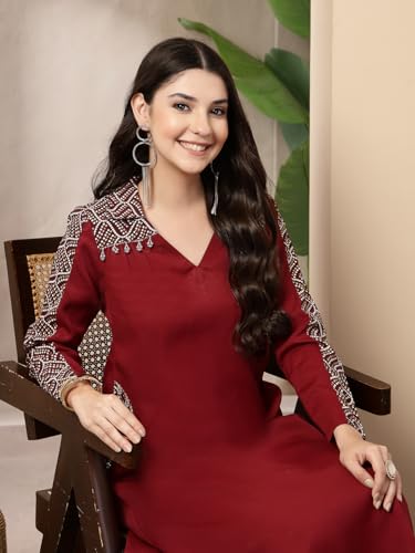Image of Stylum Women's Solid Crepe A-Line Kurta Pant Set