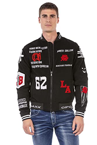 Cipo & Baxx Herren Jacke CJ274 Stylische College Jacke im Modernen Streetstyle mit Stickereien Aufnähern & Reißverschluss Modische Übergangsjacke für Alltag Freizeit & Party CJ274 Schwarz XL