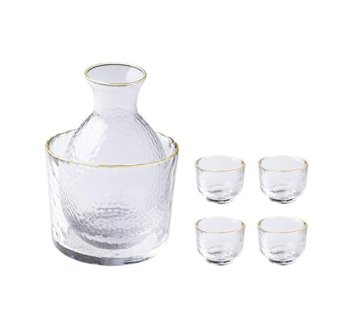 Emuia 酒器セット とっくり おちょこ 冷酒耐熱ガラス盃 酒器 ガラス 日本酒 冷酒 熱燗 両用 おしゃれ ギフト プレゼント 和風 職人手作り 岩模様 透明 4点セット 居酒屋 バー キャンプ 家庭用 贈答品 (ゴールドなぞり鍋4杯+ワインウォーマー