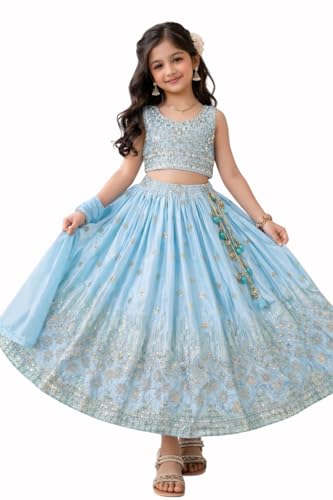 Krinza Girls Embroidered Lehenga Choli with Dupatta, Sequin Work, Festive Ethnic Wear, Pink, Mint Green, Sky Blue (SKY BLUE, 9-YEAR)