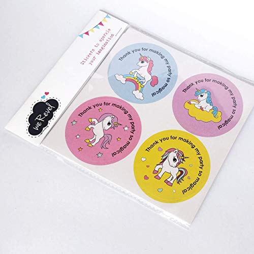 weRevel Unicorn Magic Theme Thank You Party Stickers, 40 Pieces, 2 Inches, Round, 4 Unique Designs, Multicolor
