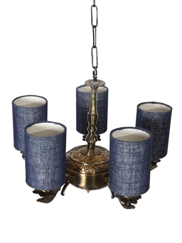 Image of Devansh 05 Lights Blue Jute Round Shade with Antique Golden Chandelier