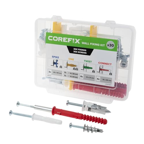 Corefix Complete Wall Fixing Kit (Pack of 30) Self Drilling Plasterboard Fixings Raw Plugs and Screws & Cavity Wall Screws. Suitable for Plasterboard Dot & Dab Masonry & Cavity Walls.