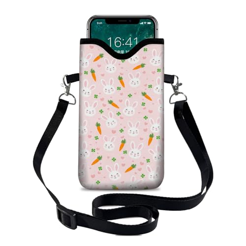 Image of Neoprene Cell Phone Sleeve Pouch Case Bag with Crossbody Strap Neck Lanyard for Women 7.1 X 3.9 in Rabbit