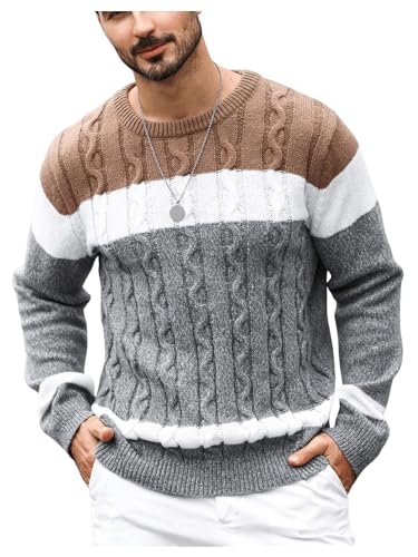 Verdusa Men's Striped Color Block Sweater Crew Neck Long Sleeve Chunky Knit Casual Pullovers