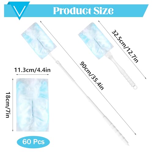 Spetsbst 60 Stück Staubmagnet Nachfüllpack für Swiffer, Staubwedel mit Griff und Teleskopstange, Duster Nachfüllpack Für Zimmer, Büro