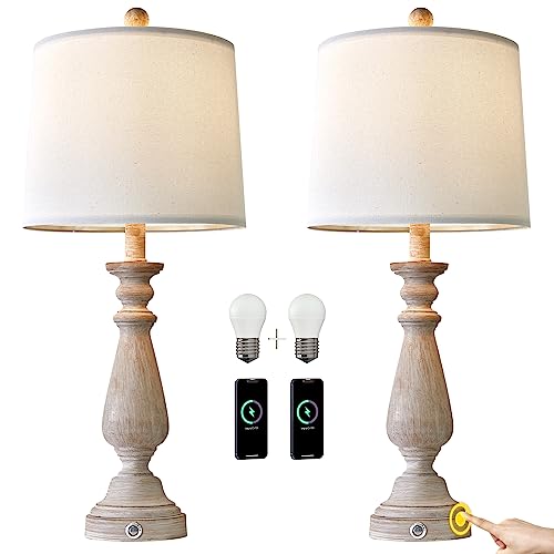 Portres 25.75 Inches 3 - Way Dimmable Touch Lamps Set Of 2 For Bedroom Rustic Bedside Lamp With Usb Ports For Living Room Kids Room Study Room （Resin） #TOP7