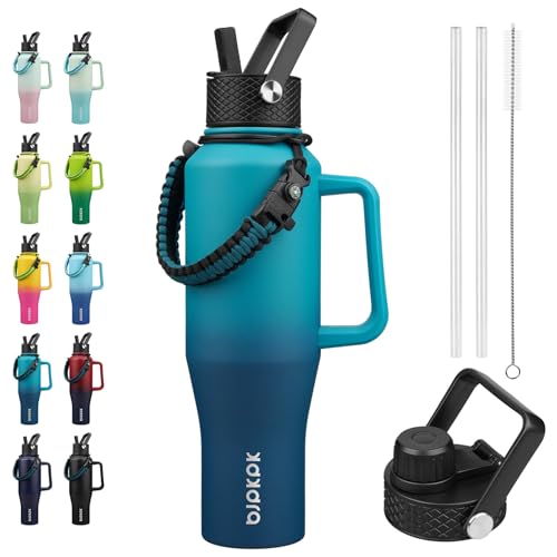 BJPKPK Insulated Water Bottles with Straw Lid, 40oz Metal Water Bottle with 2 lids & Paracord Strap, Double Wall Stainless Steel Tumbler with Handle, Reusable Cups, Mugs, Thermo, Sea