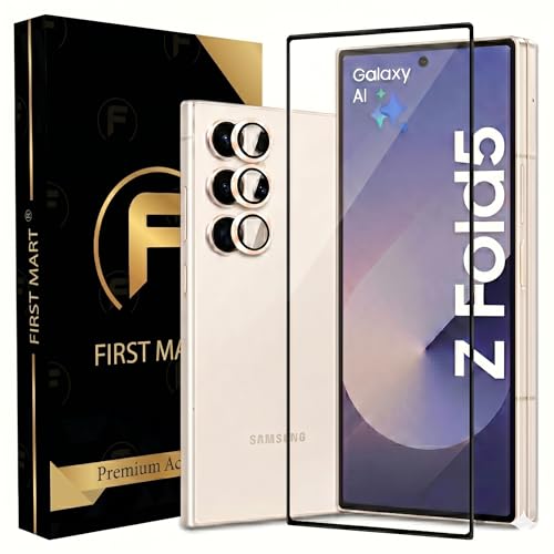 Image of FIRST MART Tempered Glass for Samsung Galaxy Z Fold 5 5G with Gold Camera Ring Guard & Installation Kit | HD Clear Edge-to-Edge Screen Protector, Scratch Resistant, Case-Friendly | Pack of 1