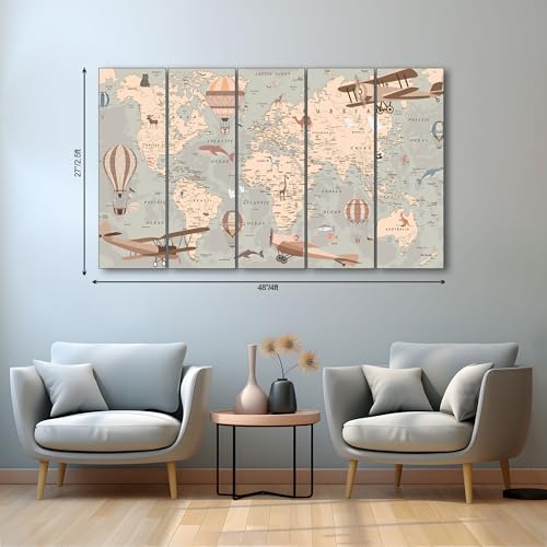Image of The Castle Decor World Map Painting With Frame 5 Big Size Multiple Frames Wall Art Painting for Living Room,bedroom,drawing Room,hotels-wooden Framed-digital Painting (27x48 inch, Multicolor)