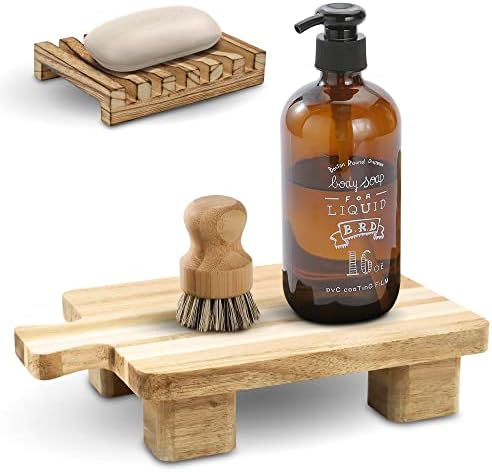 Decorative Wood Riser Pedestal Stand for Display and a Small Wood Soap Tray for Kitchen and Bathroom Counter. Handmade Wood Pedestal Stand and Kitchen Soap Tray with a Rustic Farmhouse Appearance.