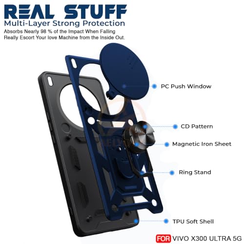Image of Armor Bumper Back Cover Case for Vivo X300 Ultra 5G | Rotating Camera Cover, Ring Holder & Kickstand | Heavy Duty & 360 Degree Protection Back Cover for Vivo X300 Ultra 5G (Blue)