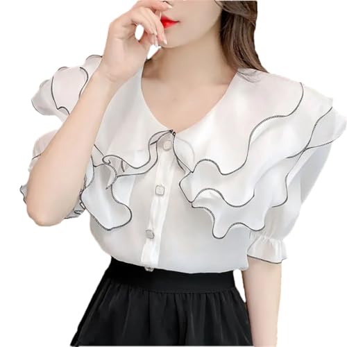 Camisa de gasa con cuello de volantes y manga abombada de color liso para mujer, blanco, L