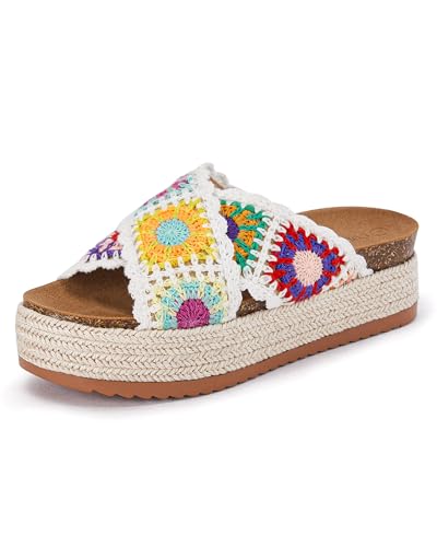 Image of Coutgo Womens Platform Espadrille Sandals Floral Crochet Open Toe Slides | 2.2-In Heels, Slip on, Cork Footbed, Cross Wide Strap, Summer Beach Vacation Shoes