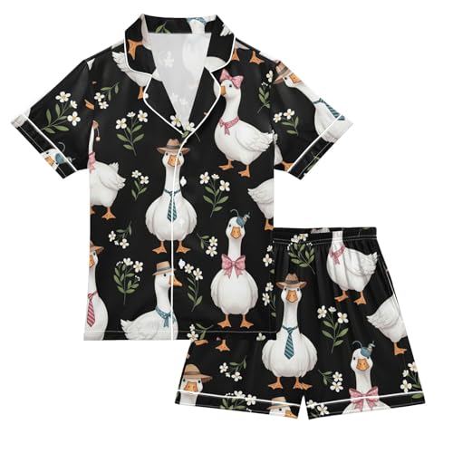 Satin Pajama Sets Short Sleeve Stylish Geese Floral Background Button Down Silky Nightwear 2 Piece PJS 5-14Y