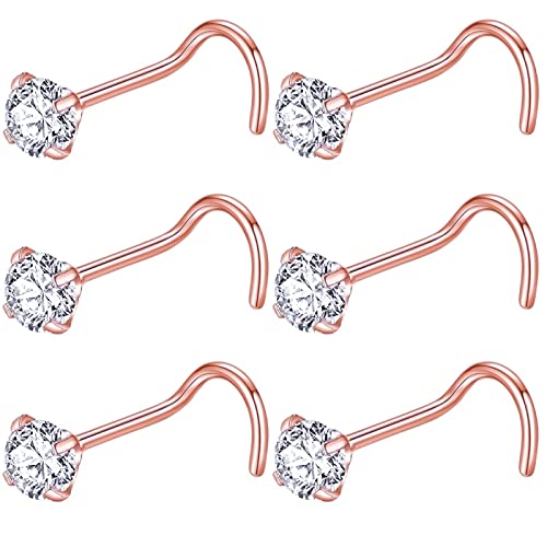 BLESSMYLOVE 6pcs 22g 4.0mm Clear CZ 316L Surgical Steel Rose Gold Nose Rings Screw Nose Nostrial Piercing Body Jewerly Screw Nose Studs for Women 22 gauge 4.0mm Cubic Zirconia Stainless Steel Nose Rings