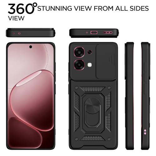 Image of Pikkme Back Cover for Oppo F31 5G / Oppo F33 5G | 360 Protection Case | Sliding Camera Shield Cover & Ring Holder Stand D10 Tough Armor Bumper Case (Black)