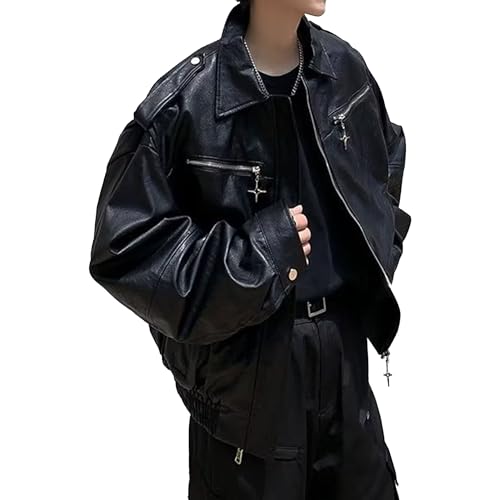 Manteau de motard tendance pour homme en similicuir noir avec fermeture éclair veste XL