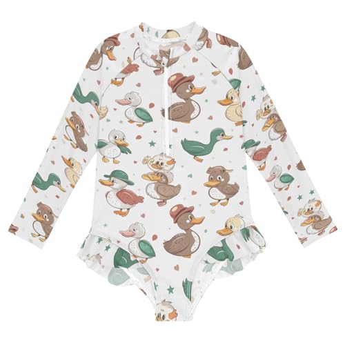 Cute Duck Girls Long Sleeve Swimsuit Rash Guard One Piece Bathing Suits Zipper 3-12T